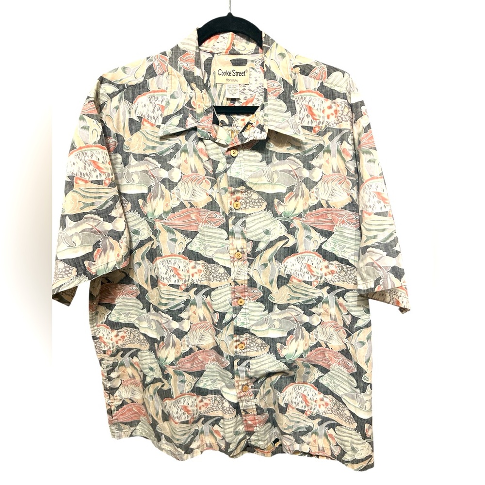 Vintage COOKE STREET Men Colorful Fish Print Hawaiian Shirt Size 2XL
